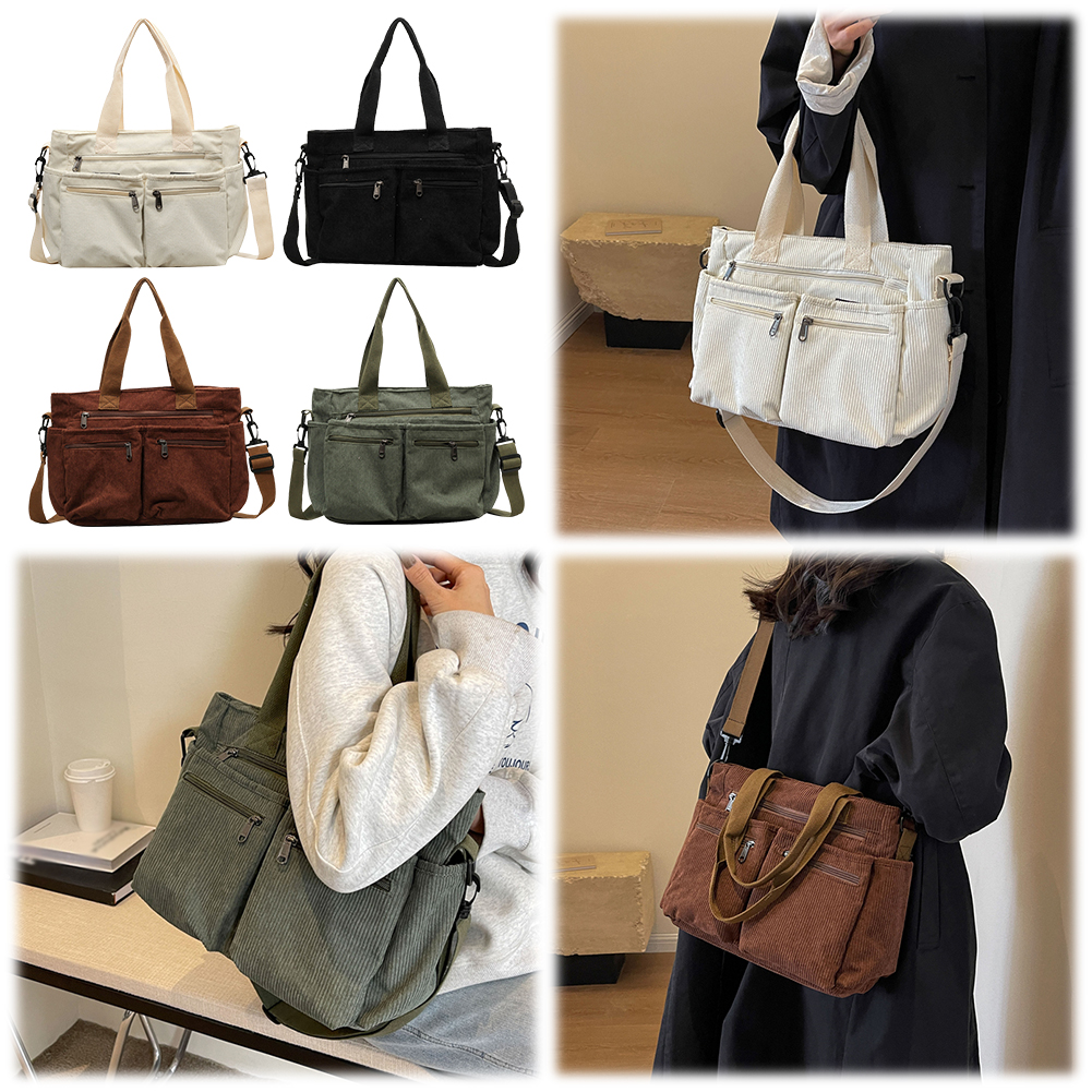 Women Corduroy Tote Bag with Multi Pockets Crossbody Bag Large Capacity Handbag Zipper Hobo Bag Commuting Bag