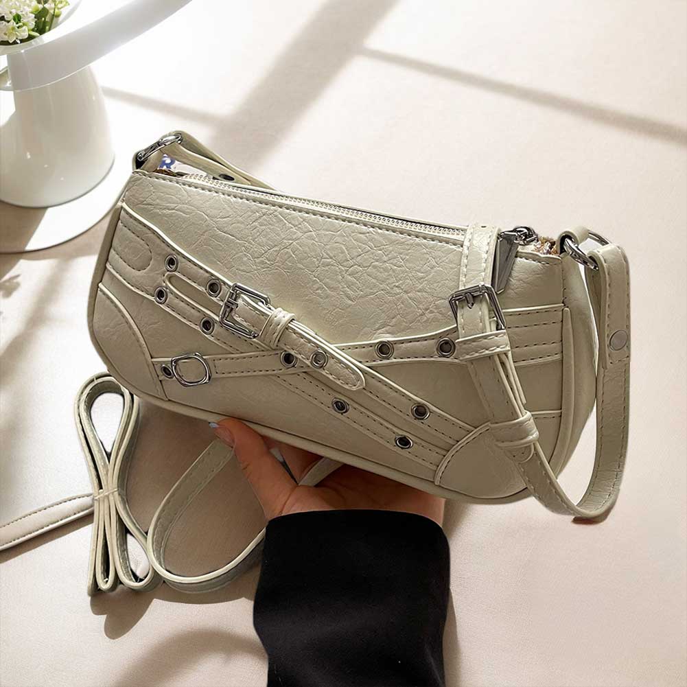Women PU Fashion Shoulder Bag Adjustable Strap Cool Style Crescent Bag Zipper Closure Punk Style Hobo Bag Stylish Satchel Bag