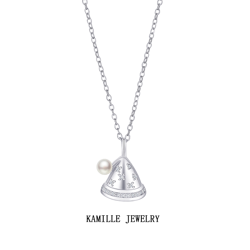 Festive Women's Necklace with Faux Pearl and Cubic Zirconia Christmas Hat Charms