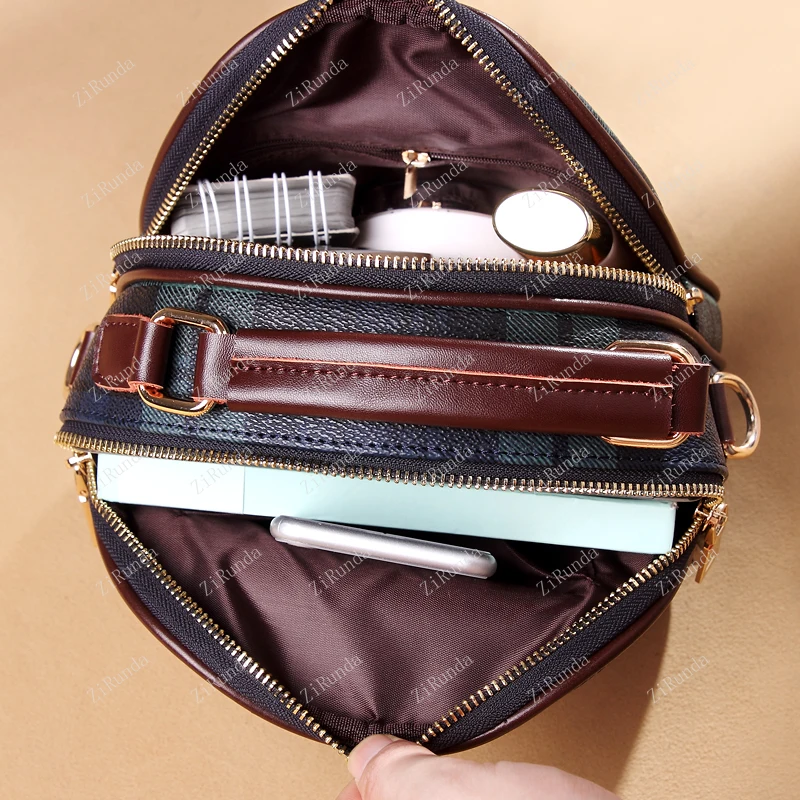 Leather bag women's new versatile fashion handbag plaid small round Korean shoulder messenger bag