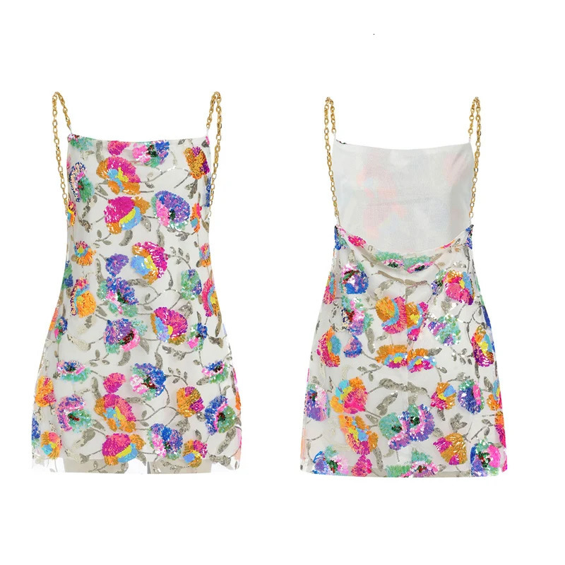 High Quality Ladies Inlaid Sequins Halter Backless Dress Sleeveless Chain Sling Dress Pink White Black Orange 240408