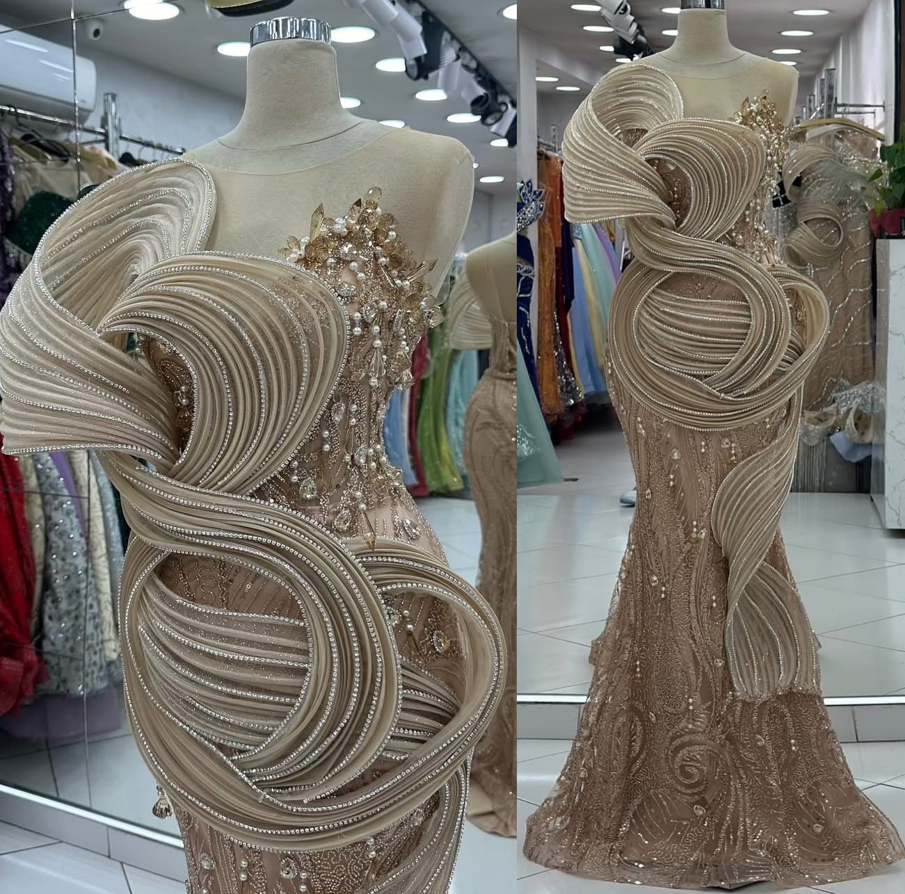 2024 Plus Size Champagne Illusion Prom Dresses Special Ocns Crystals Pearls Sequined Evening Party Birthday Gowns Dress For Women Vestidos de novia