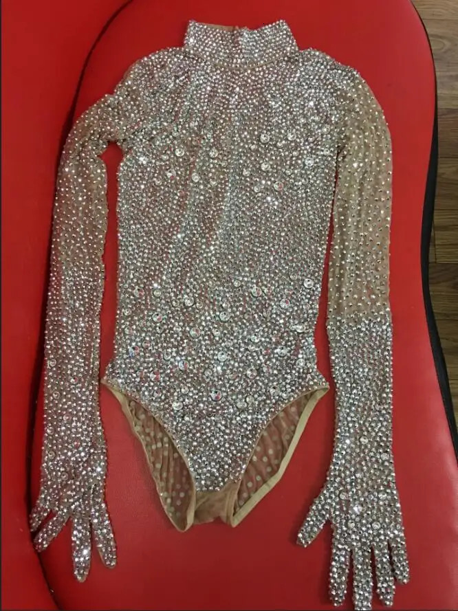 Shining Silver Stones Gloves Bodysuit Transparent Mesh s Pants Birthday Celebrate Outfit Women Singer Costumes 240327
