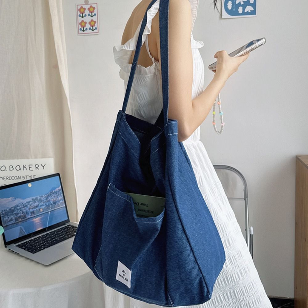 Leisure Commute Denim Cloth Bag Korean Style Letter Canvas Drawstring Shoulder Bag Fashion Large Capacity Denim Handbag Unisex