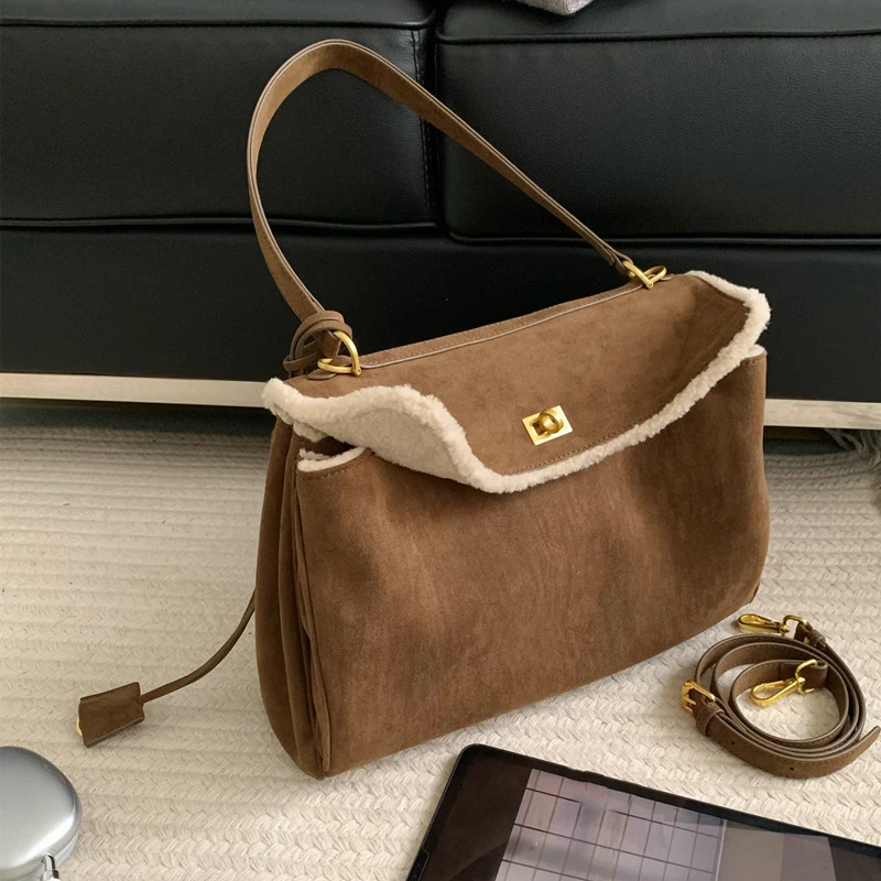 Fashion Suede Design Women's Large Capacity Tote Bag Warm Raw Edge Ladies Shoulder Bag 2024 Winter Vintage Brown Crossbody Bag