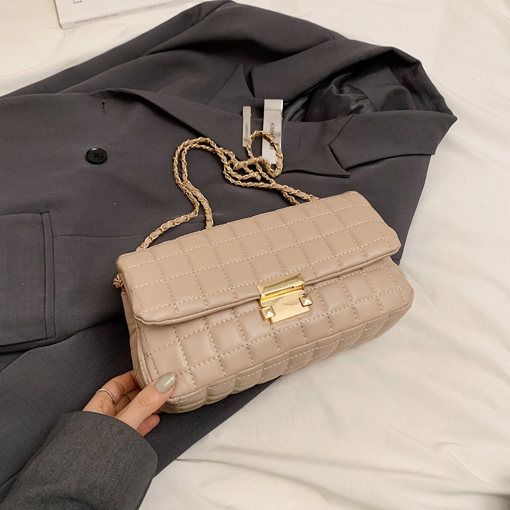 Quilted Crossbody Bag for Women with Chain Square Bag PU Leather Solid Color Satchel Purse Travel Commuter Bag