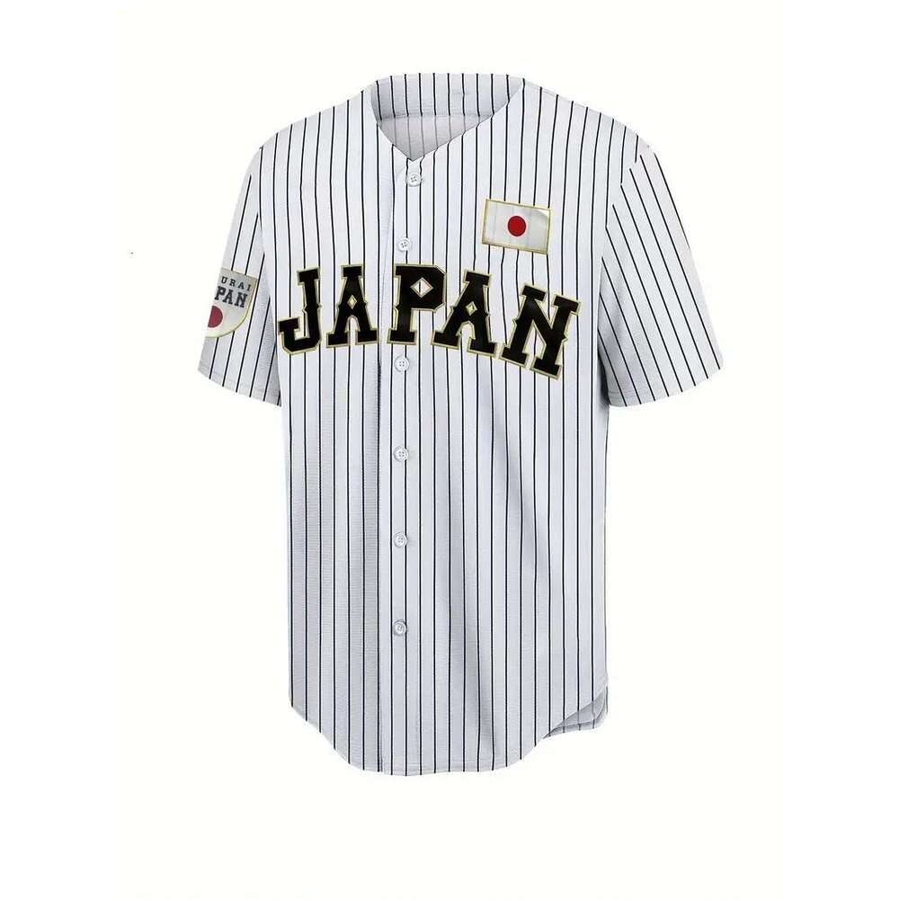 2025 New Men's Stripe Print # JAPAN 16 Embroidered Retro Casual Breathable Loose Short Sleeve Button Baseball Jersey Training We
