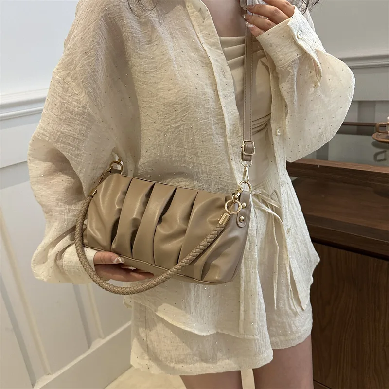 New Fashion Fold Single Armpit Pu Messenger Bag Pure Color PU Ladies Shoulder Bag Thread Large Capacity Crossbody Zipper Bag