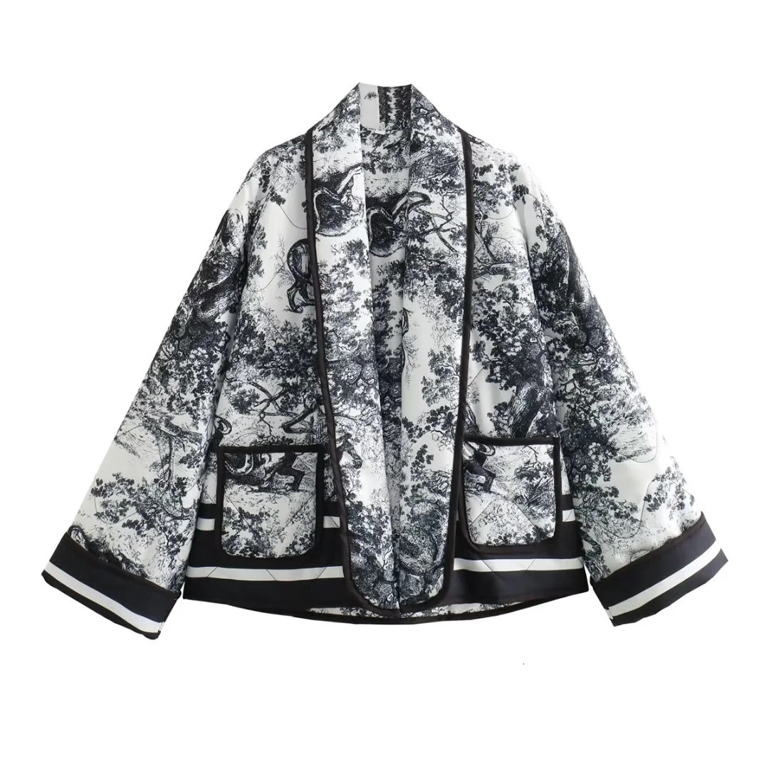 Designer's new autumn top women's printed double pocket decorative cotton jacket