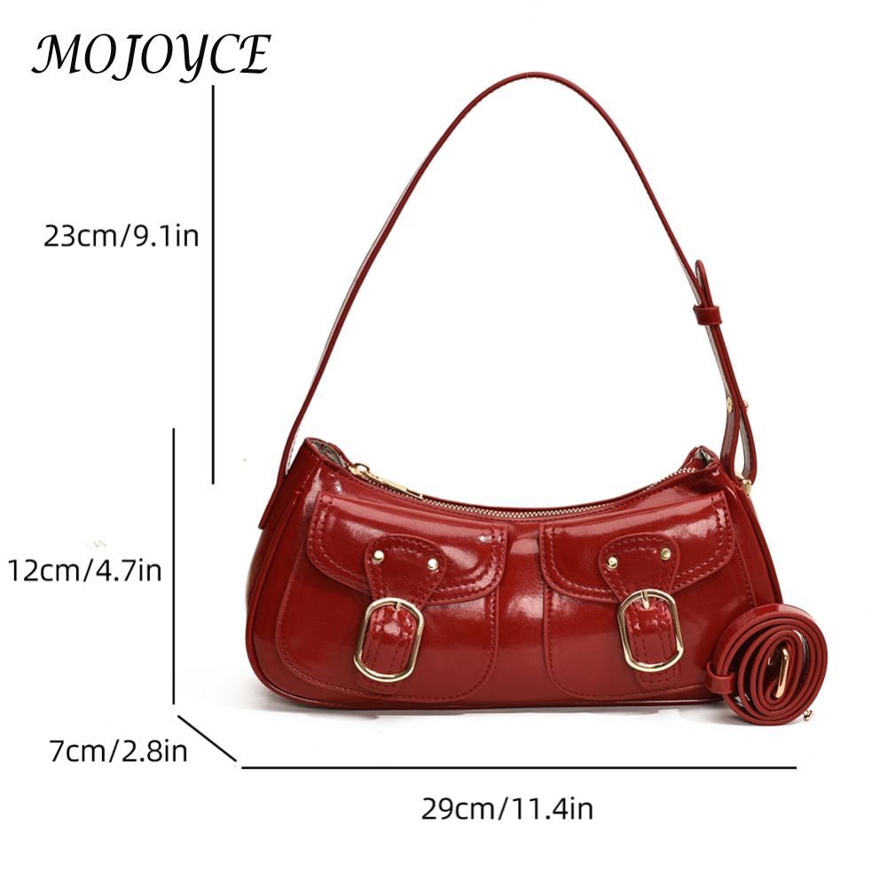 Women Double Pockets Shoulder Bag PU Leather Fashion Crossbody Bag Adjustable Strap Small Pocket Underarm Bag Ladies Daily Bag