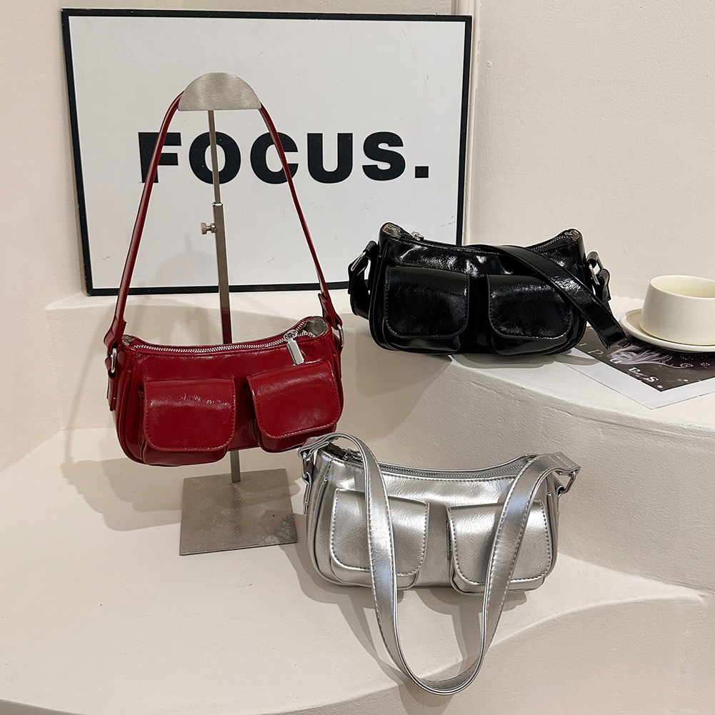 Women Handbag Double Pockets PU Leather Shoulder Bag Solid Color Underarm Bag Casual Clutch Purse Shopping Bag