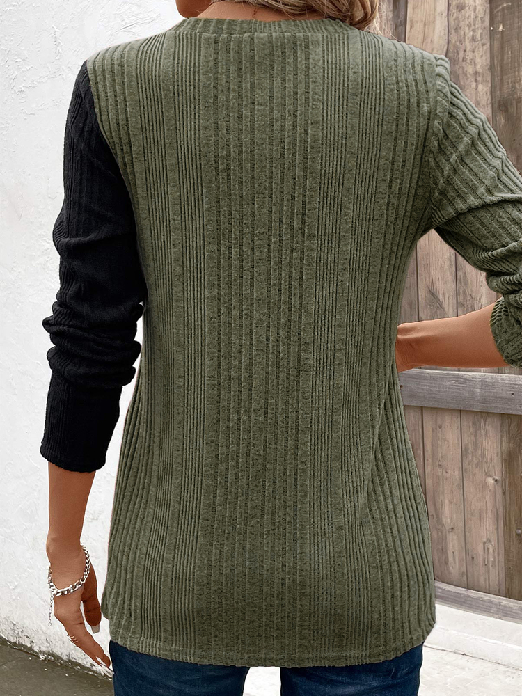 2025 Designer Ribbed Color Blocked Button Decorative T-shirt Spring And Autumn Casual Long Sleeved Top Women's Wear