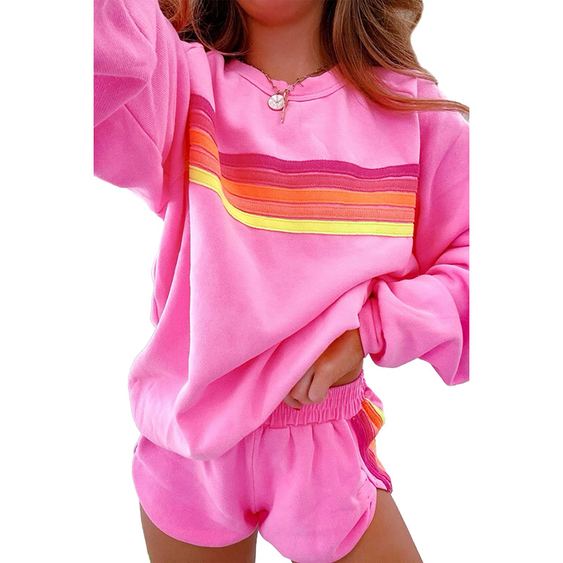 Women's Two Piece Pants Loose Meat Blocking Casual Color Blocked Long Sleeved Two-Piece Set For Women