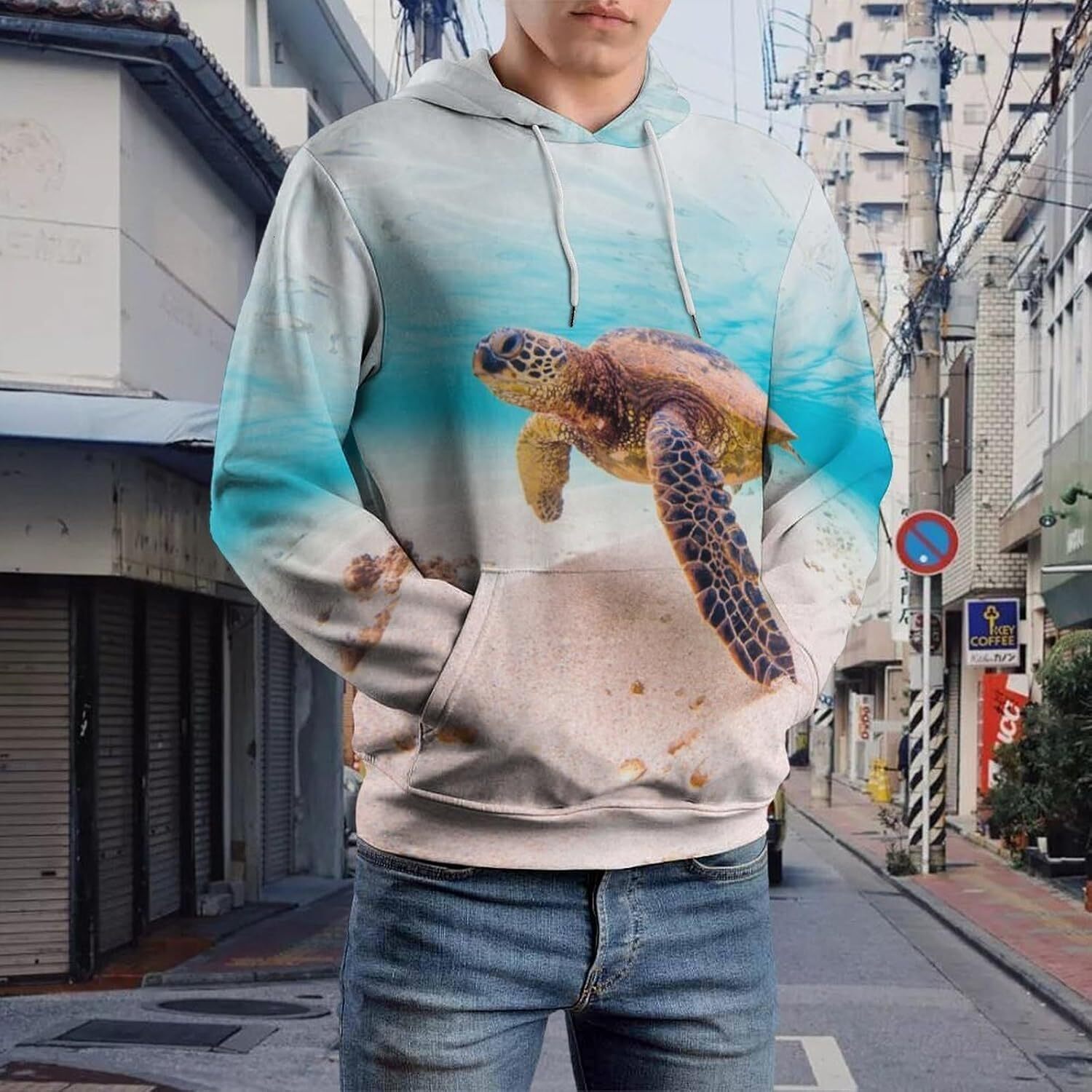 Hoodie for Mens Womens Hawaiian Green Sea Turtle Hoodies for Men 3D Print Pullover Hooded Drawstring Loose Sweatshirt with Big Pockets Graphic