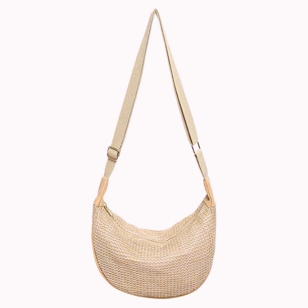 Women Straw Woven Shoulder Bag Large Capacity Summer Beach Bag Adjustable Strap Crescent Crossbody Bag Casual for Party Vacation