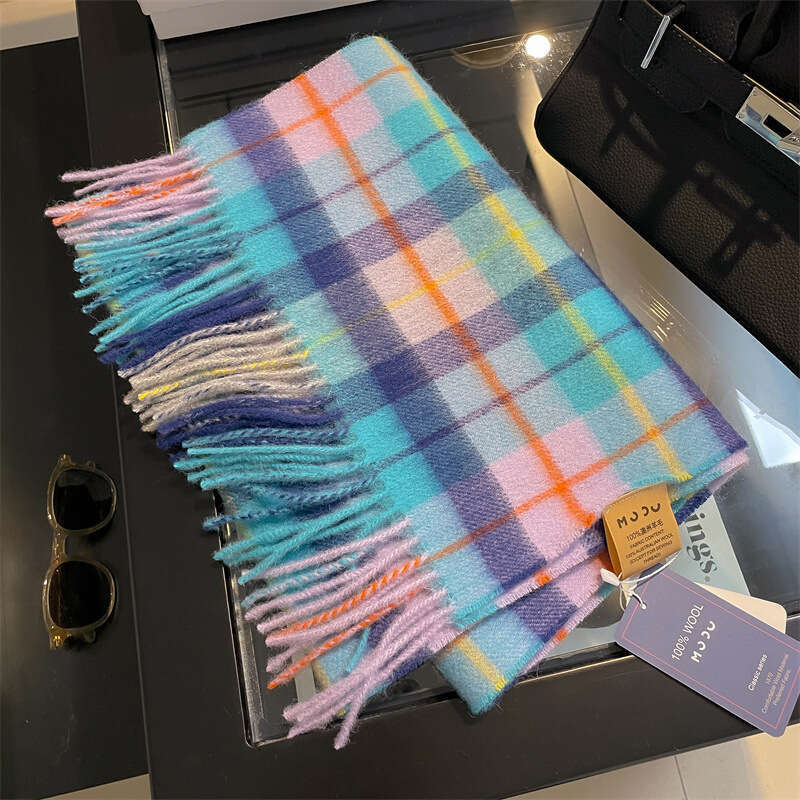 Korean version of white purple plaid pure wool women in autumn winter, warm and versatile for couples, skin friendly scarf trend