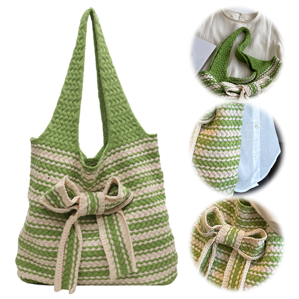 Women Crochet Tote Bag Contrast Color Aesthetic Shoulder Bag Large Capacity Knitted Tote Handbag Woven Bag for Female