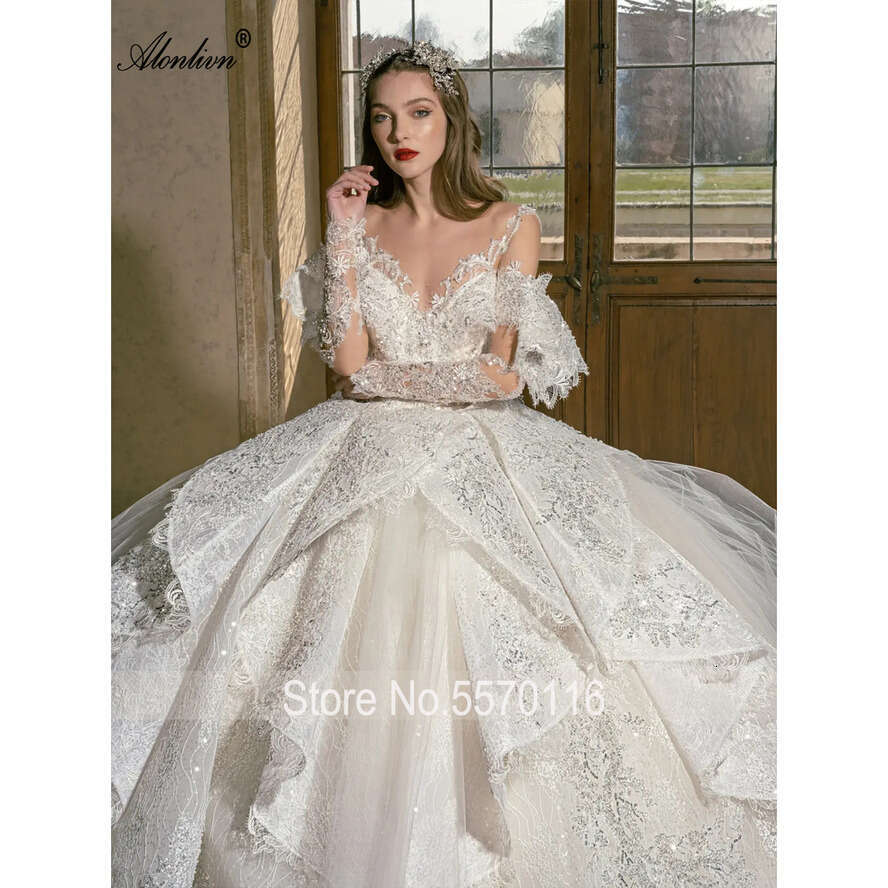 Alonlivn Bg Pearls Lace Tulle V-Neck Ball Wedding Dresses Tiered Cathedral Train Full Sleeves Princess Bride Gown