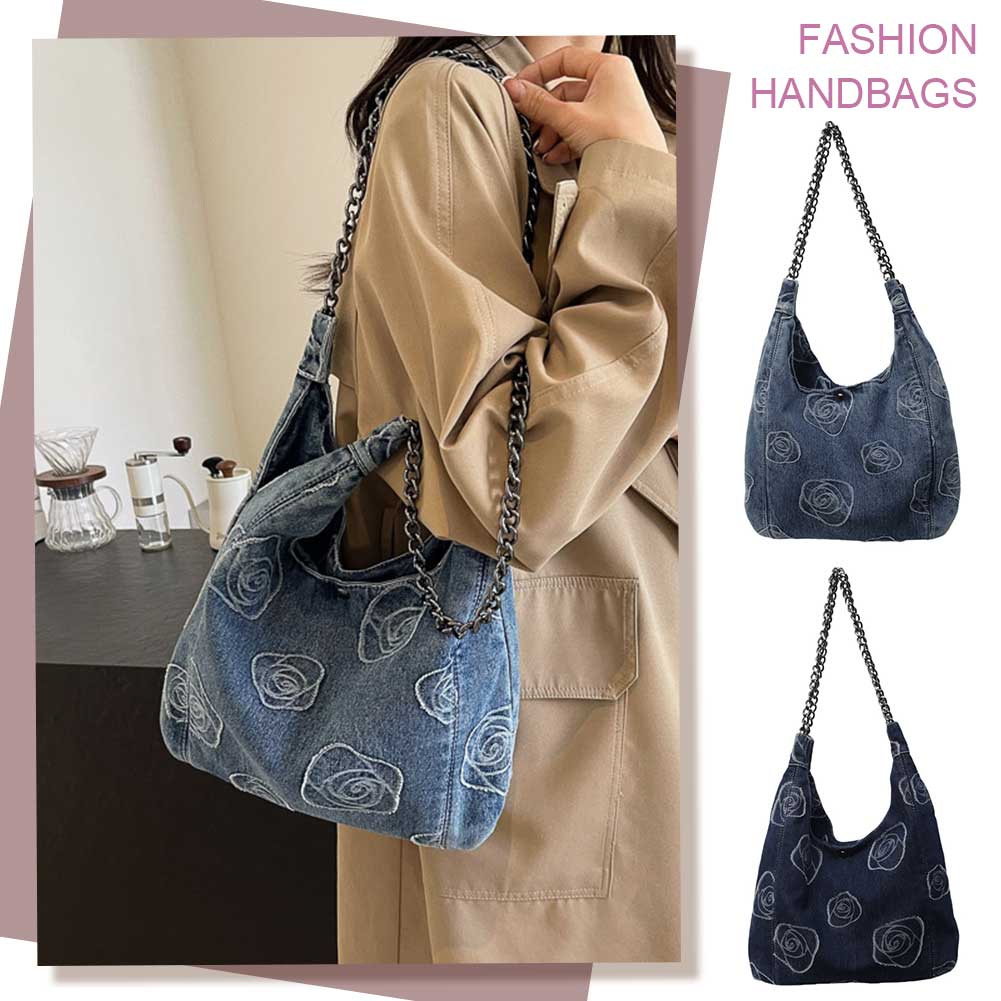 Women Denim Casual Underarm Bag Large Capacity Stylish Shoulder Purse Hasp Closure Retro Hobo Bag Chain Strap Trendy Tote Purse