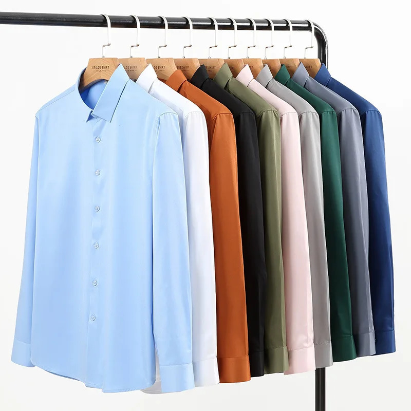 Casual Business High Elasticity Soft Cozy No Pockets Thin White Work Shirt Longsleeved Men Slim Fit Noniron 240328