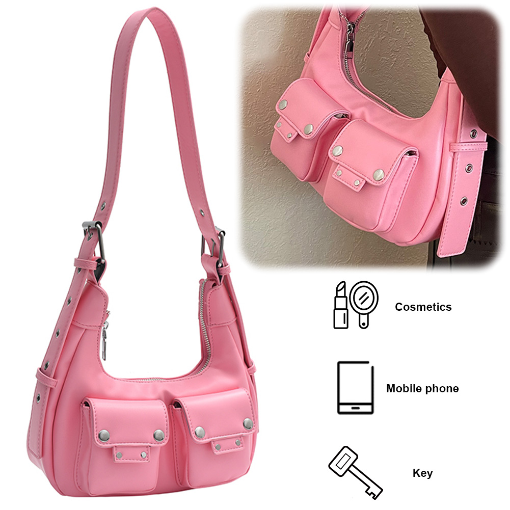 Women Crescent Bag with Double Pockets PU Leather Handbag Adjustable Strap Crossbody Bag Hobo Bag Travel Commuter Bag
