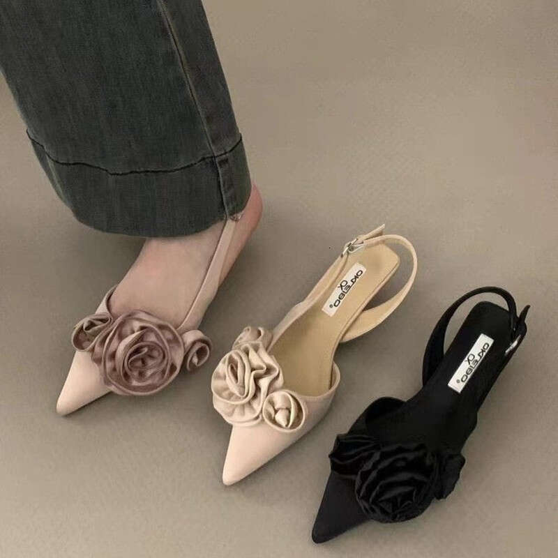 Women Sandal Fashion Flower Ladies Elegant Dress Slingback Shoes Thin Low Heel Dress Mules Pumps