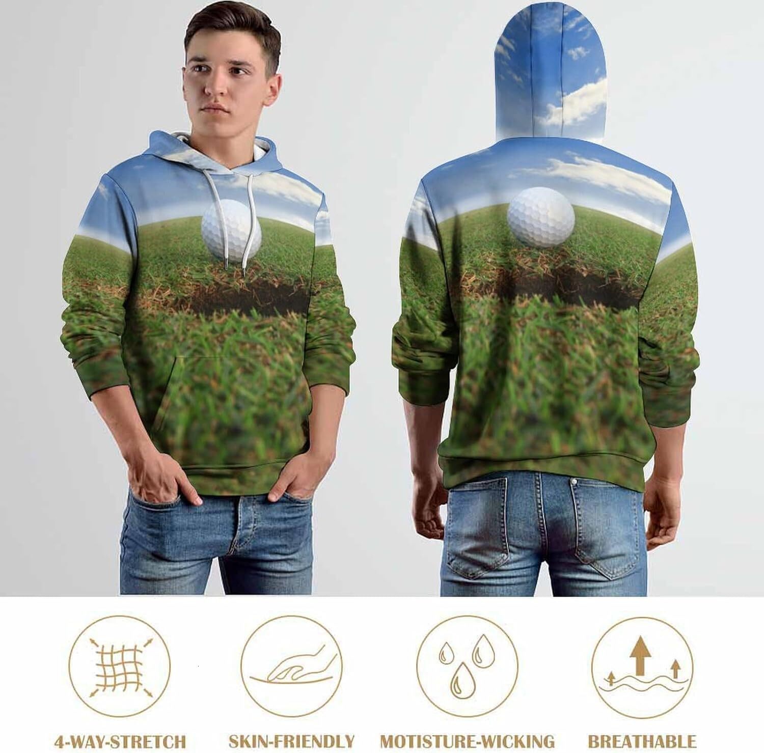 Hoodie for Mens Womens Golf Ball About to Fall Into The Cup Hoodies for Men 3D Print Pullover Hooded Drawstring Loose Sweatshirt with Big Pockets Grap