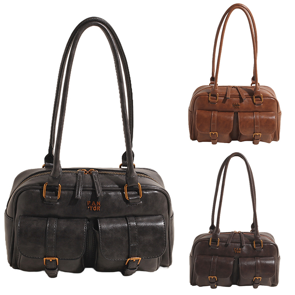 Boston Tote Bag for Women with Multi-Pockets Handbag PU Leather Vintage Solid Clutch Purse for Travel Work