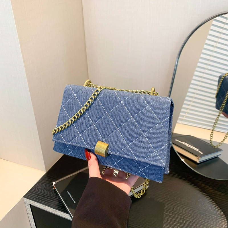Luxury Women Brand Denim Plaid Quilted Crossbody Bag Casual Chain Lock Large Flap Messenger Shoulder Bag