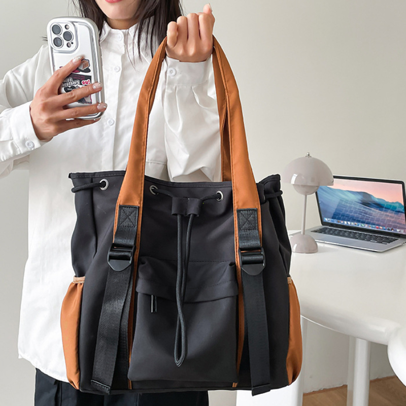 Splash Proof Nylon Fabric Shoulder Crossbody Bags for Women Multi-pocket Drawstring Tote Bag Large Capacity Student Book Handbag