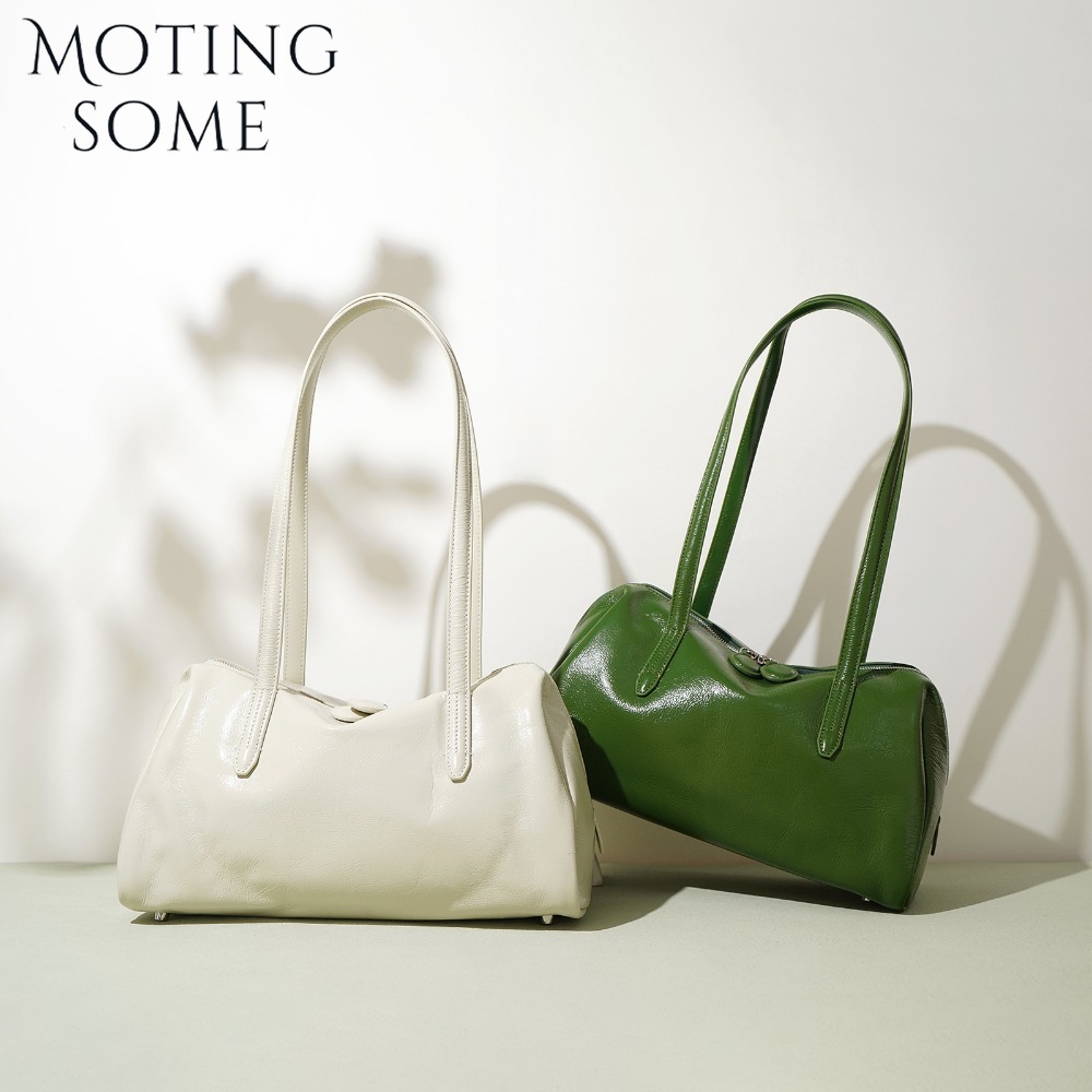 Motingsome Green Bags Retro Women Bag Oil Wax Cowhide Leather Handbag Vintage Boston Pillow Lady Daily Purses