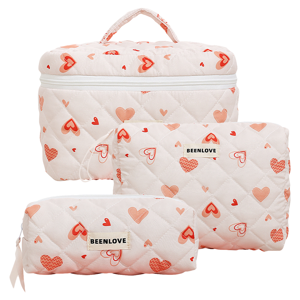 3pcs/set Quilted Cotton Storage Bag Cherry/Heart Pattern Women Aesthetic Cosmetic Clutch Bags Japanese Sweet Travel Makeup Pouch
