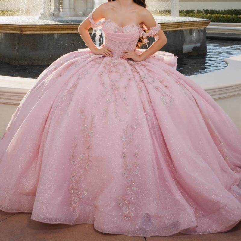 Pink Shiny Ball Gown Quinceanera Dresses Off The Shoulder Appliques Lace Beads Crystal Tull Corset Sweet 16 Dress Vestido De 15 Anos