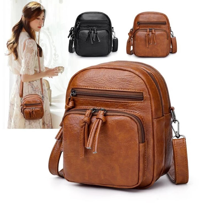 Dropshpping New Vintage Crossbody Bags for Women Double Compartments Shoulder Bag Soft PU Leather Handbag Large Capacity