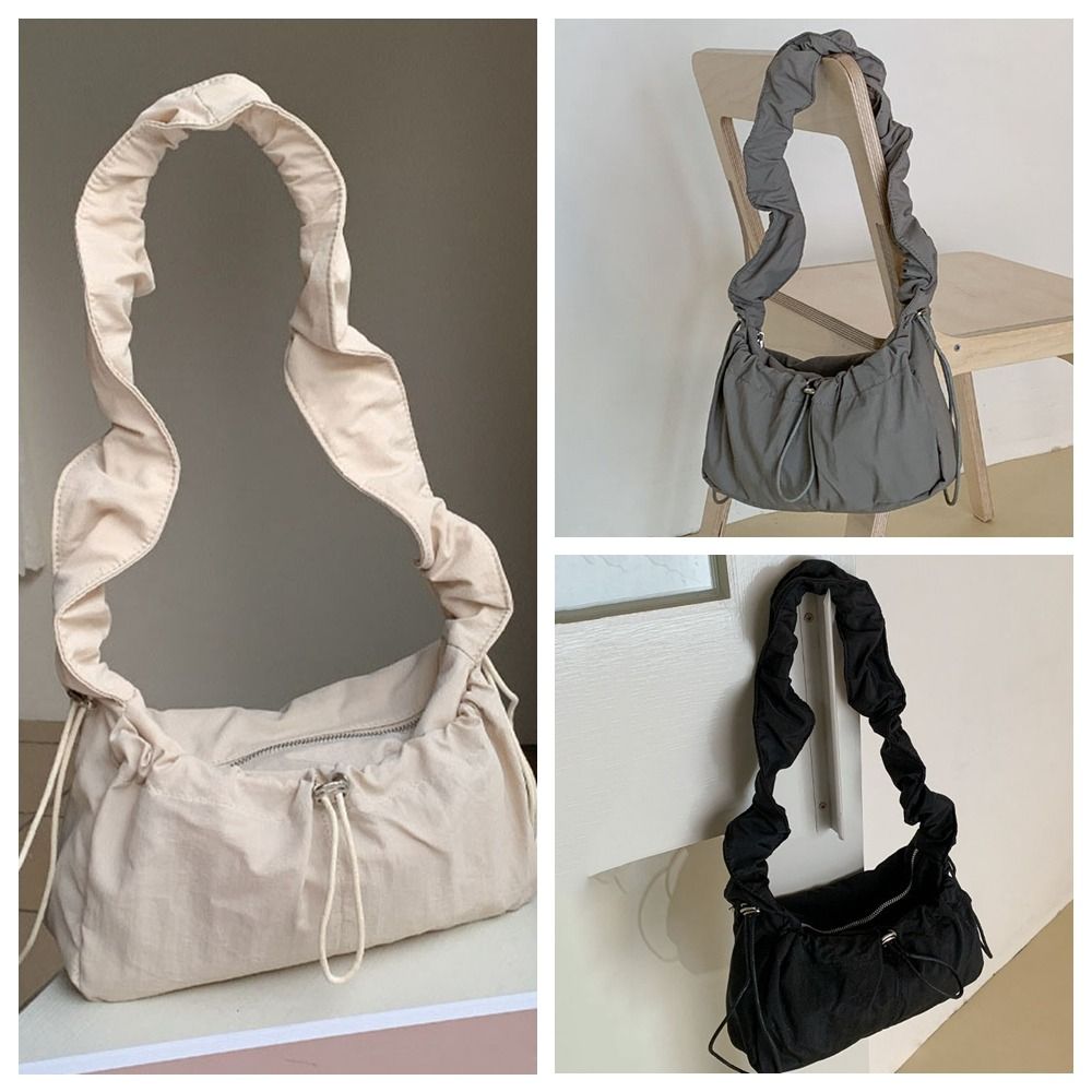 Vintage Drawstring Pleated Shoulder Bag Y2K Solid Color Cloud Crossbody Bag Balletcore Dumpling Bag Nylon Underarm Bag Girls