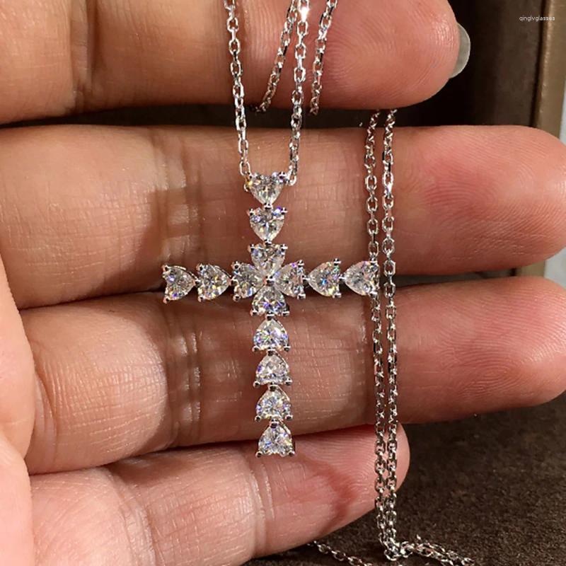 Pendants Custom Solid 10K White Gold Women Necklaces Moissanite Diamond 0.2 Heart Cross Wedding Anniversary Engagement