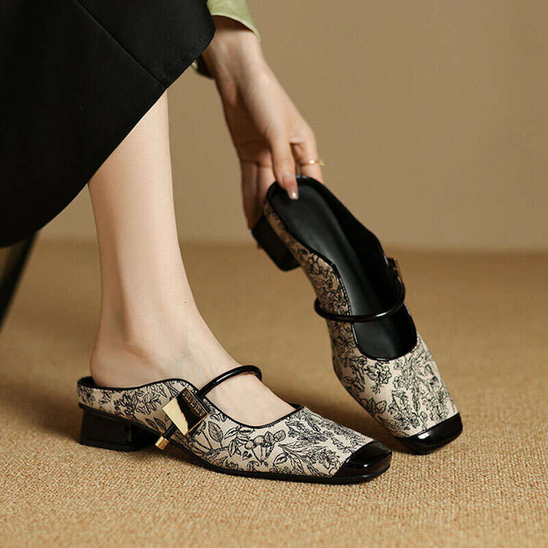 Phoentin Flower print mules shoes woman 2025 retro slippers for ladies cross strap low heels square toe plus size