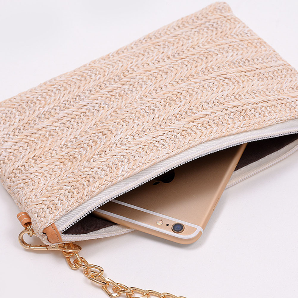 Summer Woven Wristlet Wallets with Chain Strap Wristlet Strap Fashion Handbag Messenger Bag Crossbody Bag for Women