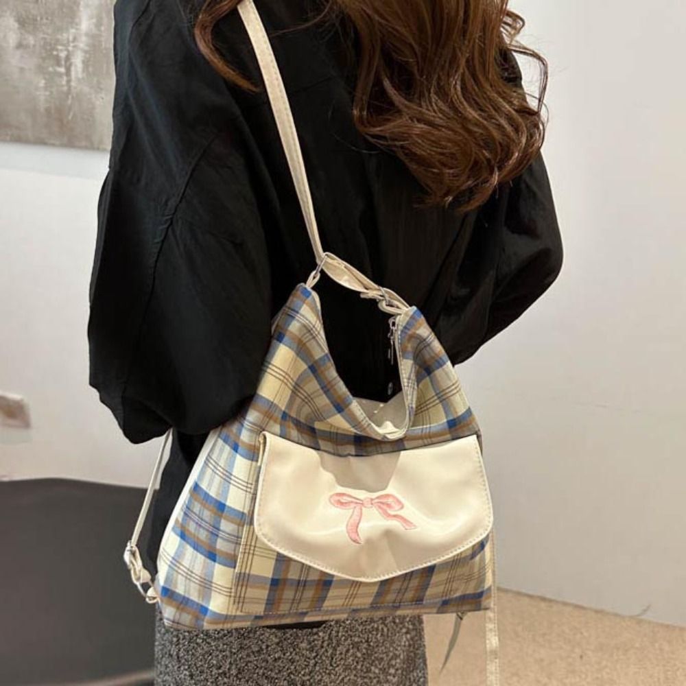 Trendy Korean Style Bowknot Shoulder Bag Sweet Adjustable Strap Lattice Tote Bag Elegant Large Capacity Student Backpack Female