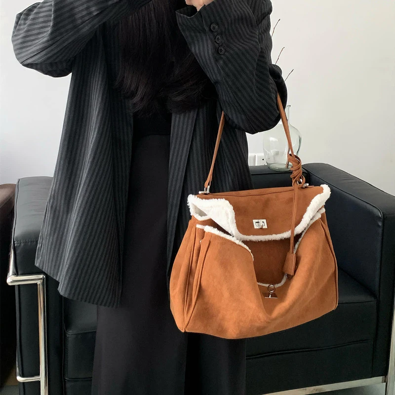 Fashion Suede Design Women's Large Capacity Tote Bag Warm Raw Edge Ladies Shoulder Bag 2024 Winter Vintage Brown Crossbody Bag