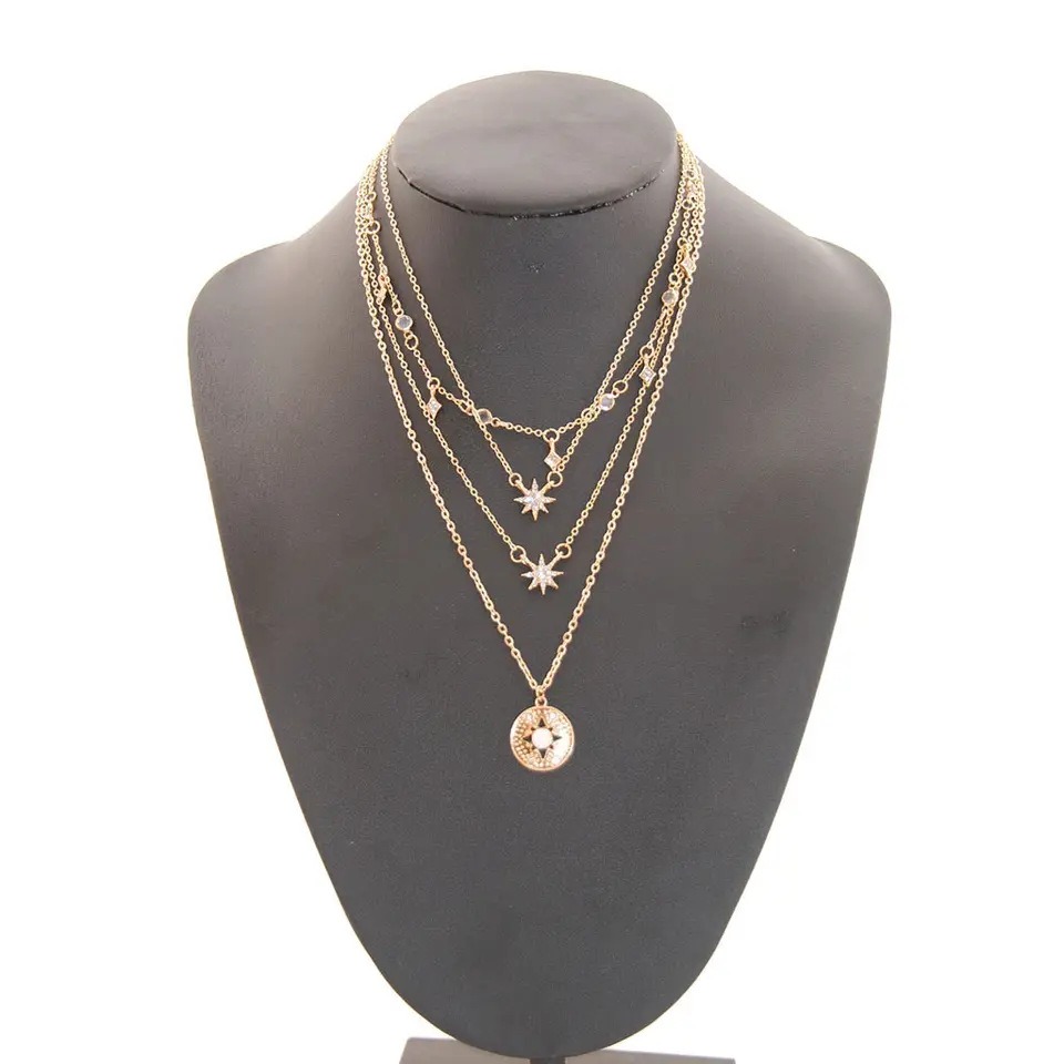 Cross Border New Full Diamond Star Necklace for Women Hot Selling Fashion Starry Flat Diamond Inlaid with Pearls Multi-layer Collarbone Chain