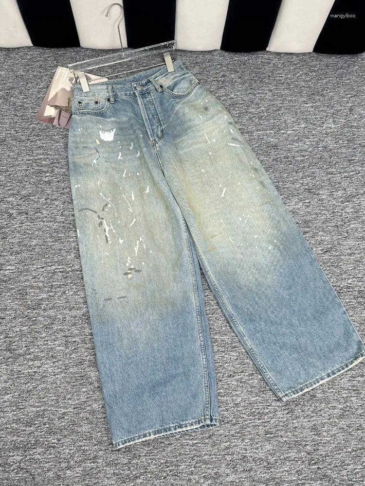 Women's Jeans Unisex Splash Ink Printed Graffiti Spring Summer 2024 Women And Men Distress Straight Loose Denim Wide Leg Long Pants
