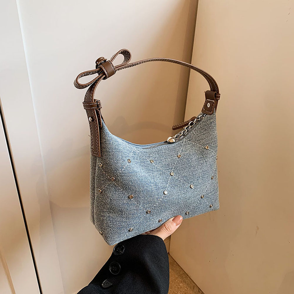 Women Vintage Satchel Bag Adjustable Strap Denim Rivet Armpit Handbag Large Capacity Luxury Underarm Bag Female Dating Bag