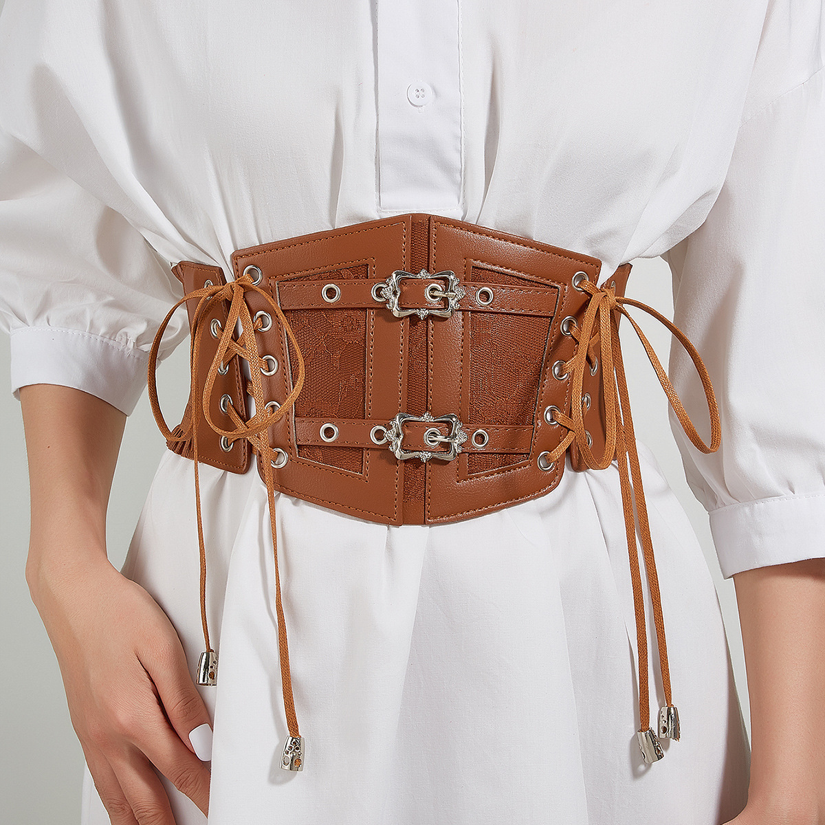 Factory direct lace straps leather waist seal take ladies decorative body shaping Europe and the United States retro metal buckle elastic girdle