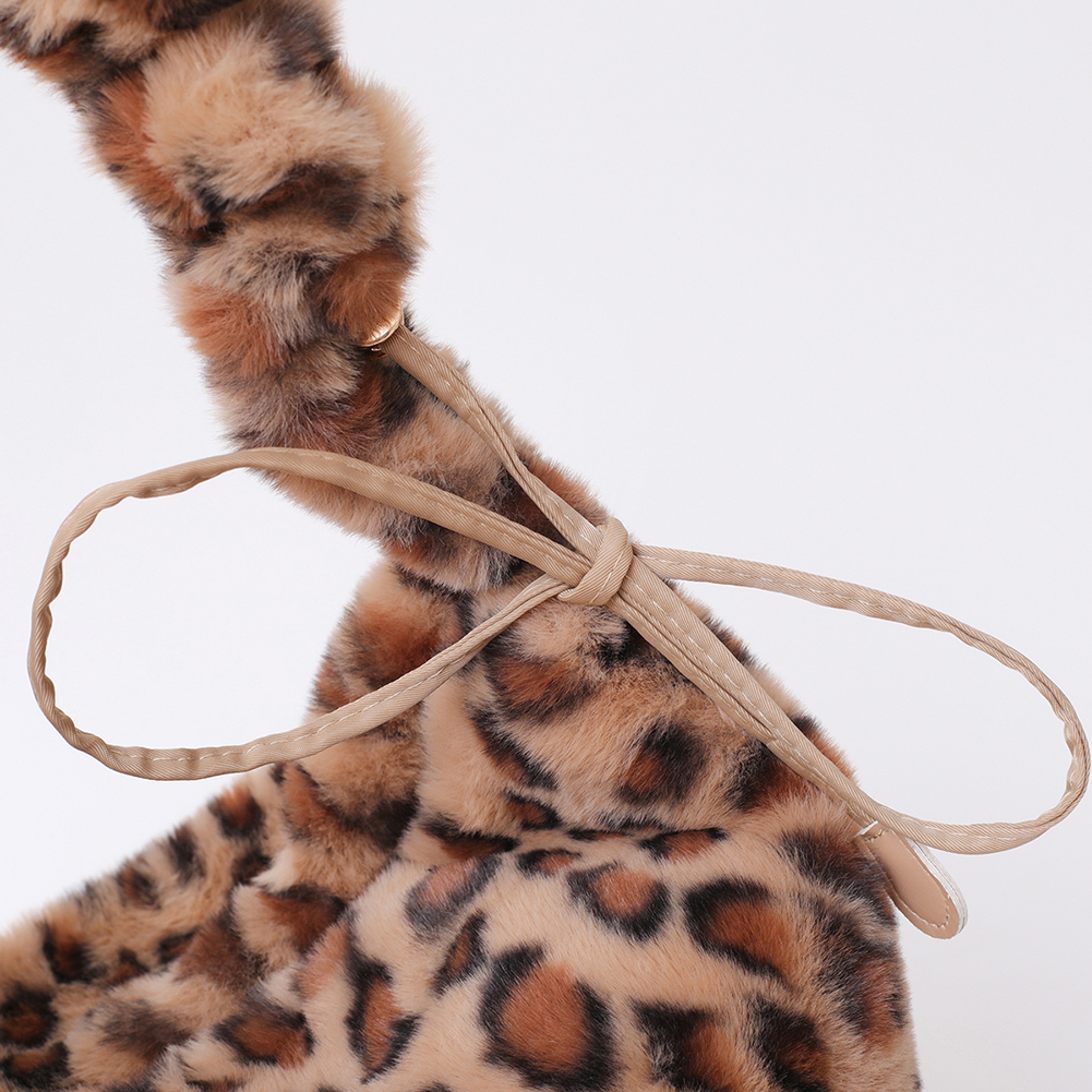 Women Plush Soft Tote Bag Drawstring Strap Leopard Print Fashion Shoulder Bag Large Capacity Chic Hobo Bag Outdoor Travel Bag