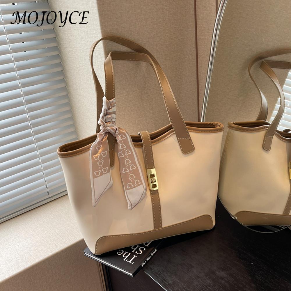 Women PU Fashion Shoulder Large Capacity Contrast Color with Ribbon Patchwork Tote Outdoor Travel Bag
