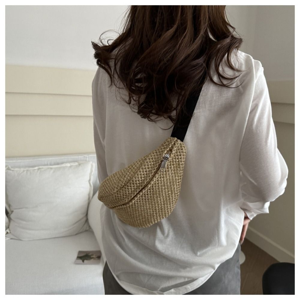 Half Moon Straw Woven Bag Large Capacity Anti-theft Woven Handbag Phone Holder Pocket Phone Bag Adjustable Sports Pouch Hiking