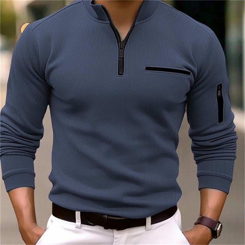 Tiki Autumn Winter Mens POLO Shirt Striped Corduroy Solid Color Zipper Chest Arm Pocket Thick Long Sleeve y241024