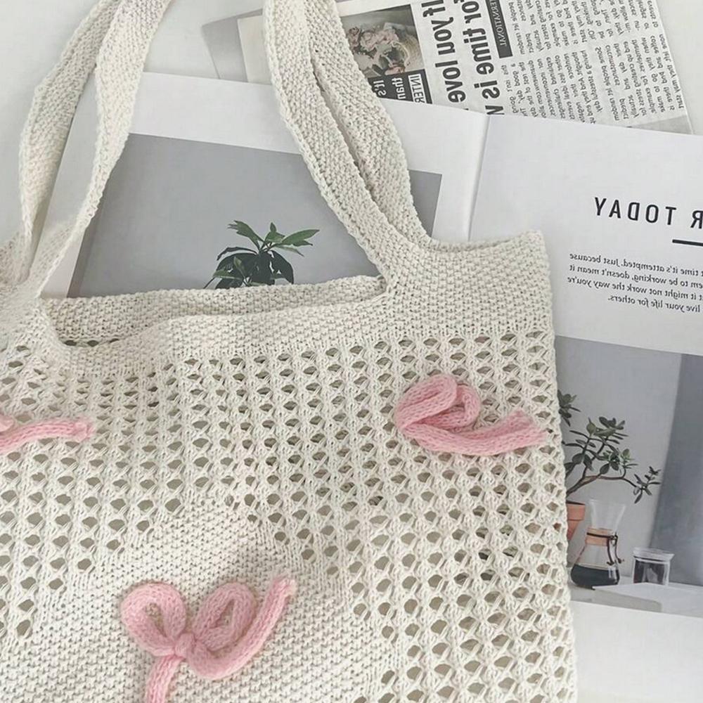 Bowknot Crochet Tote Bag Summer Beach Mesh Knitted Bag Large Aesthetic Shoulder Bag Knit Handbags Hollow Hobo Bag for Women