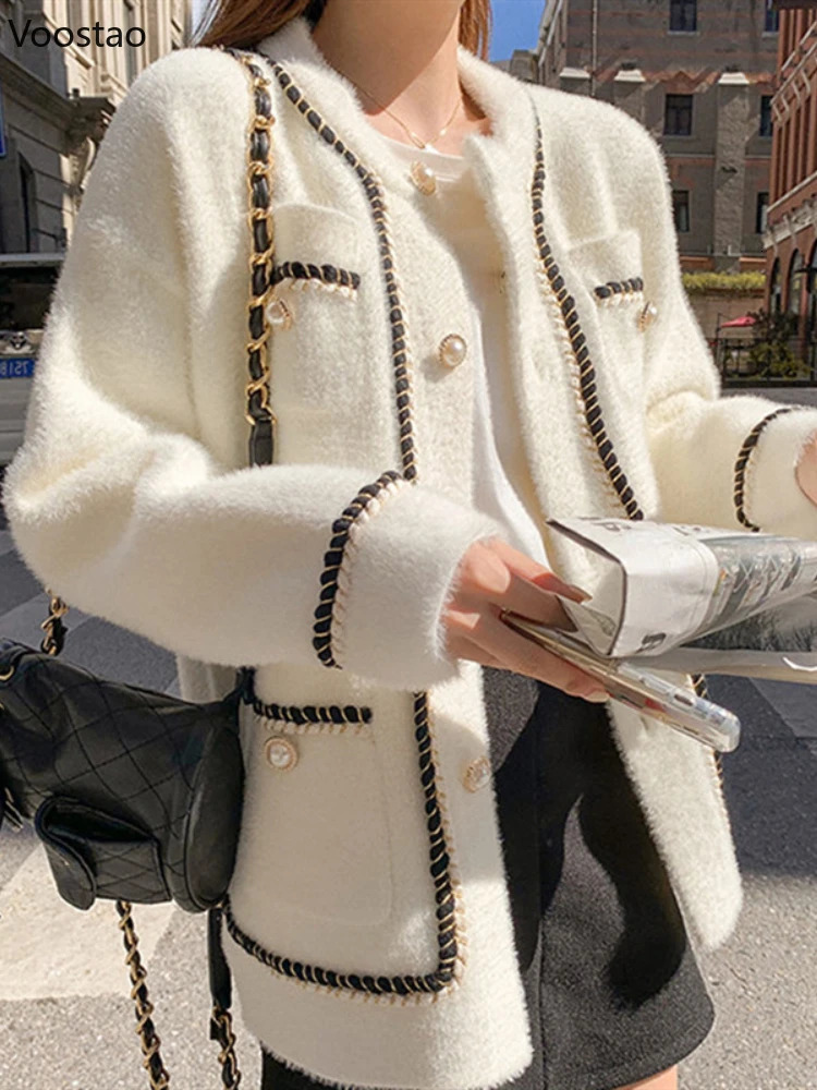 Lanjia- White Mink Cashmere Sweater Coat Women Autumn Winter Lazy Style Korean Retro Black Loose Oneck Knitted Cardigan Fashion Outwear 241108 2Bf74